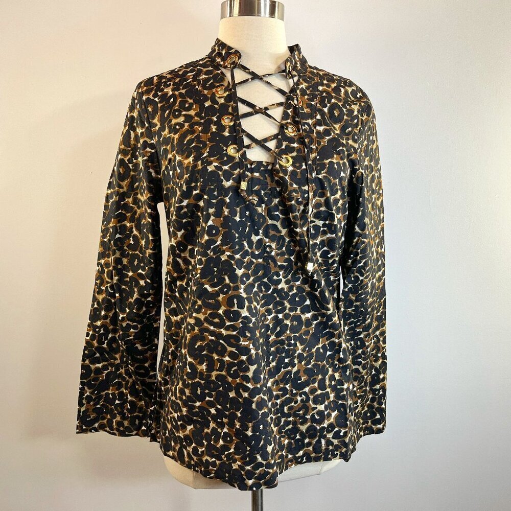 Michael Kors Women's Animal Print Lace Up Neck Blouse - Size Small